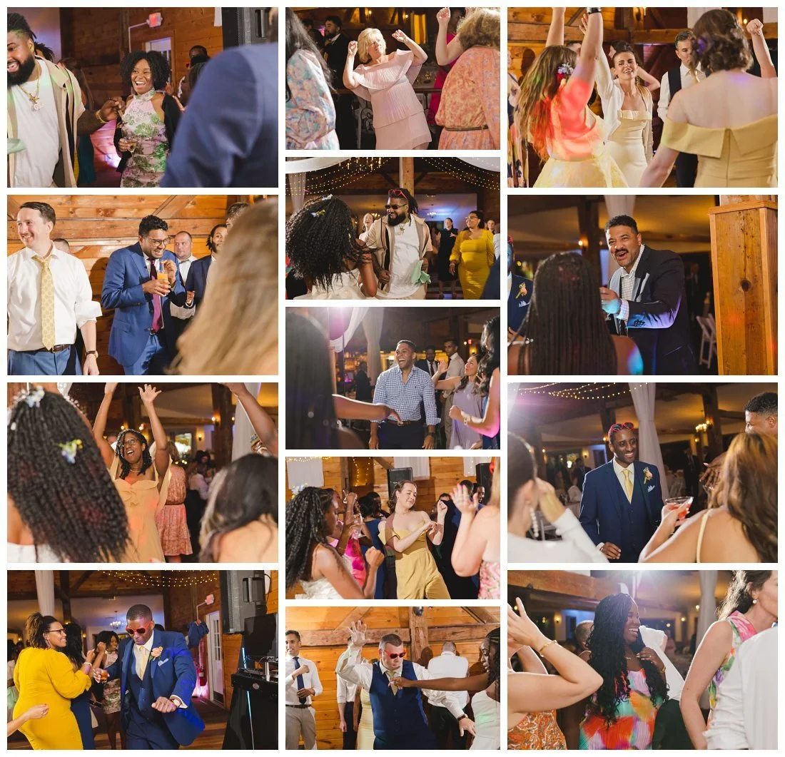 close ups of guests dancing at wedding reception at dell lea