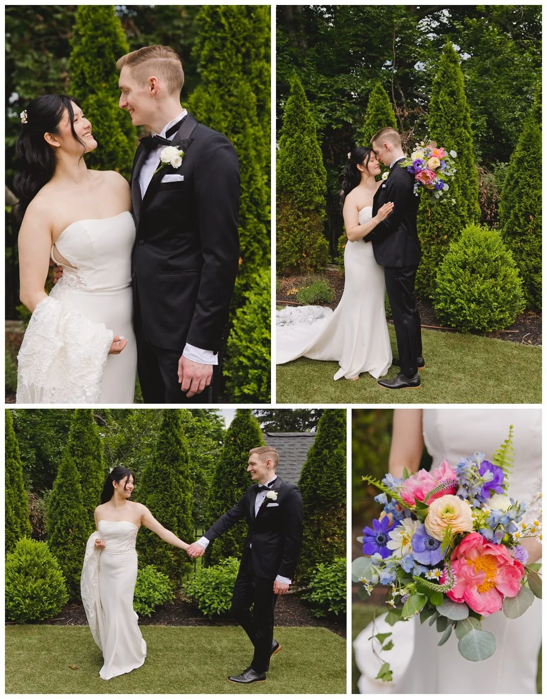 bride and groom in the garden at the evermore at peirce farm surrounded by greenery