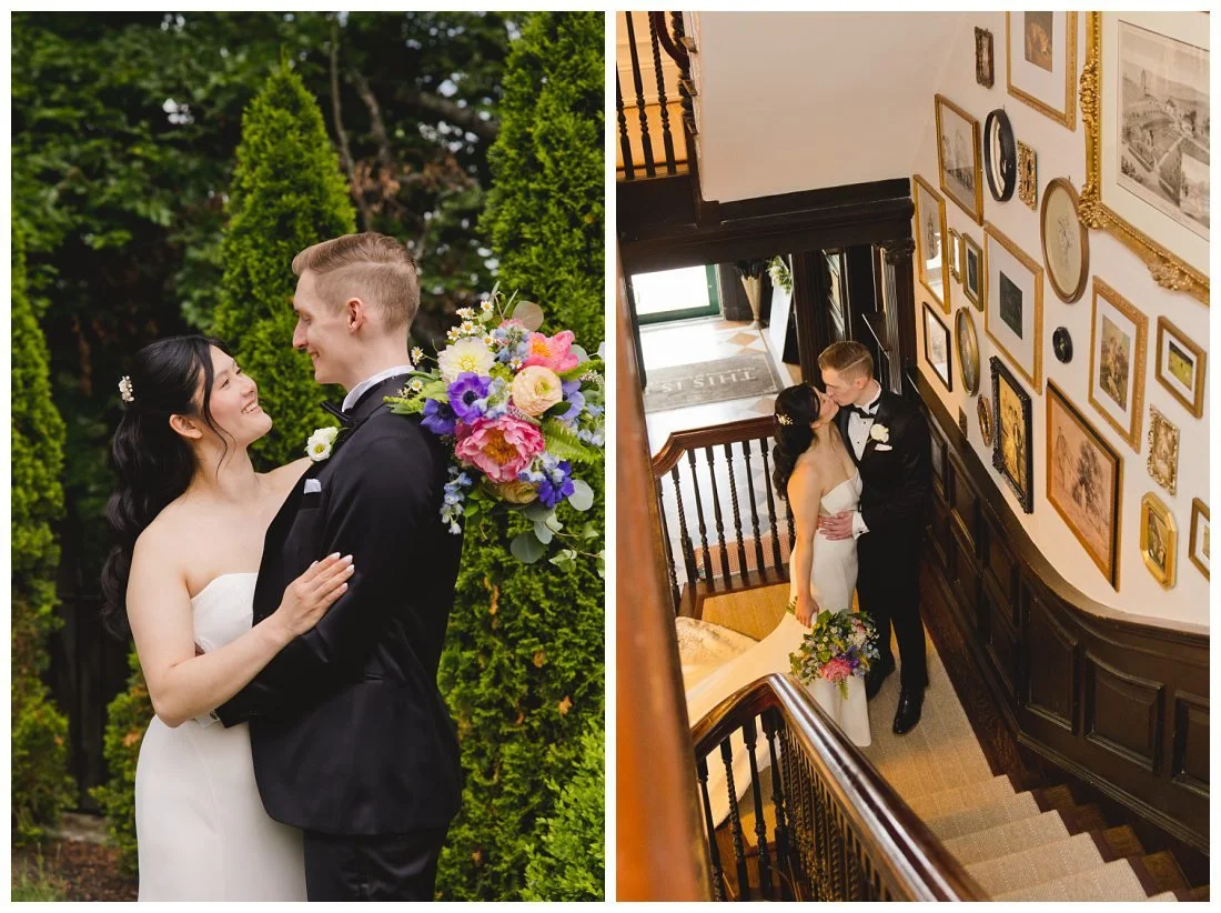 wedding photos on the grand staircase at peirce farm with lots of antique photos behind them