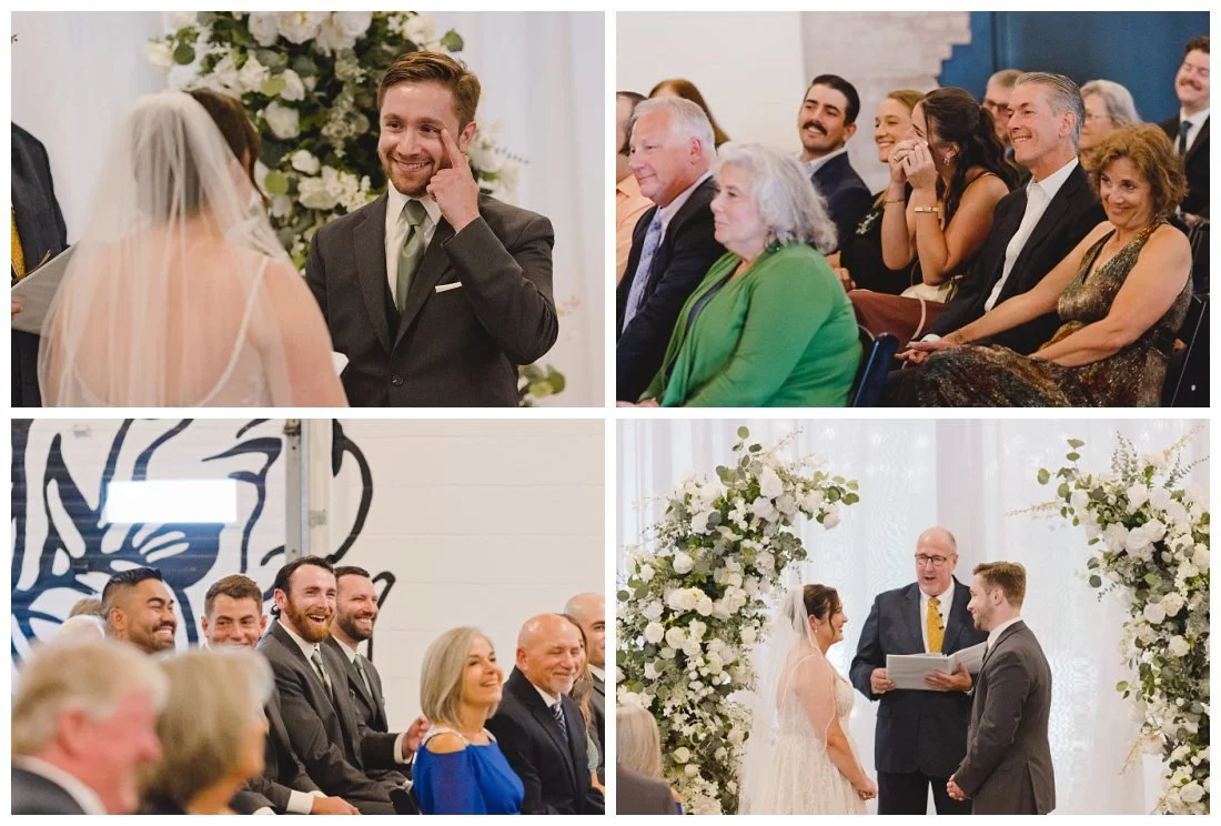 guests and the groom have emotional reactions during the wedding ceremony, laughing and crying