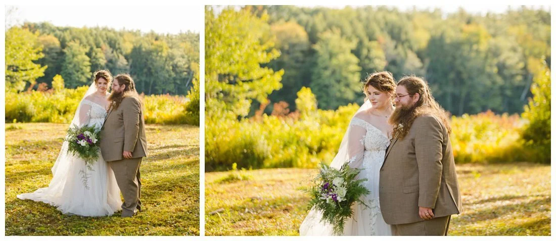 sun shines behind couple with trees and lake behind them