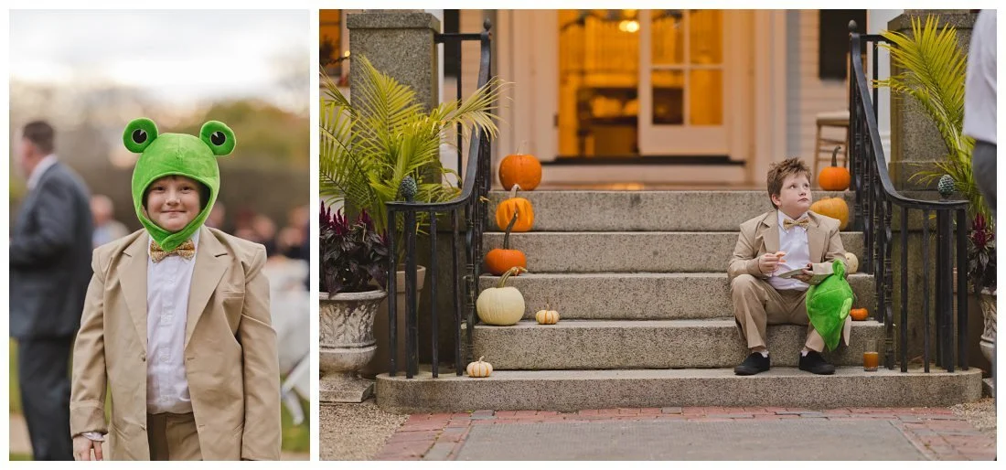 cute ring bearer at cocktail hour, wearing frog hat