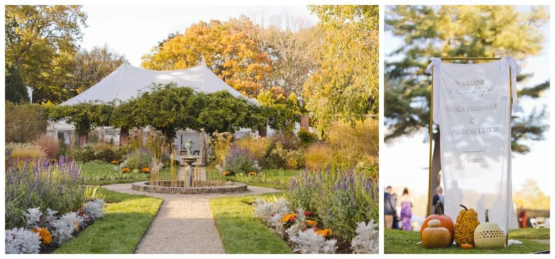 entrance sign at wedding - names are printed on fabric and hung from a stand with fun pumpkins on the ground