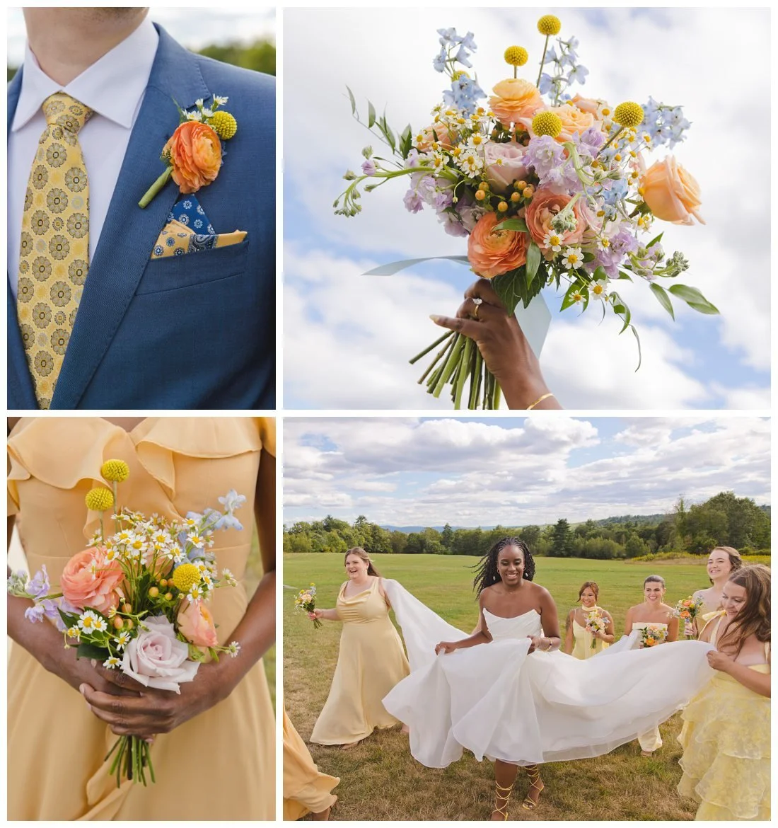 orange pink and blue floral bouquets for wedding