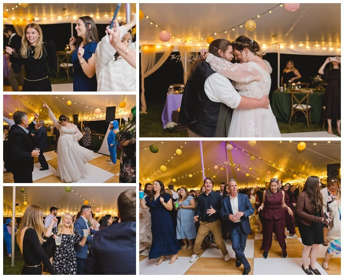 guests do line dancing at wedding reception