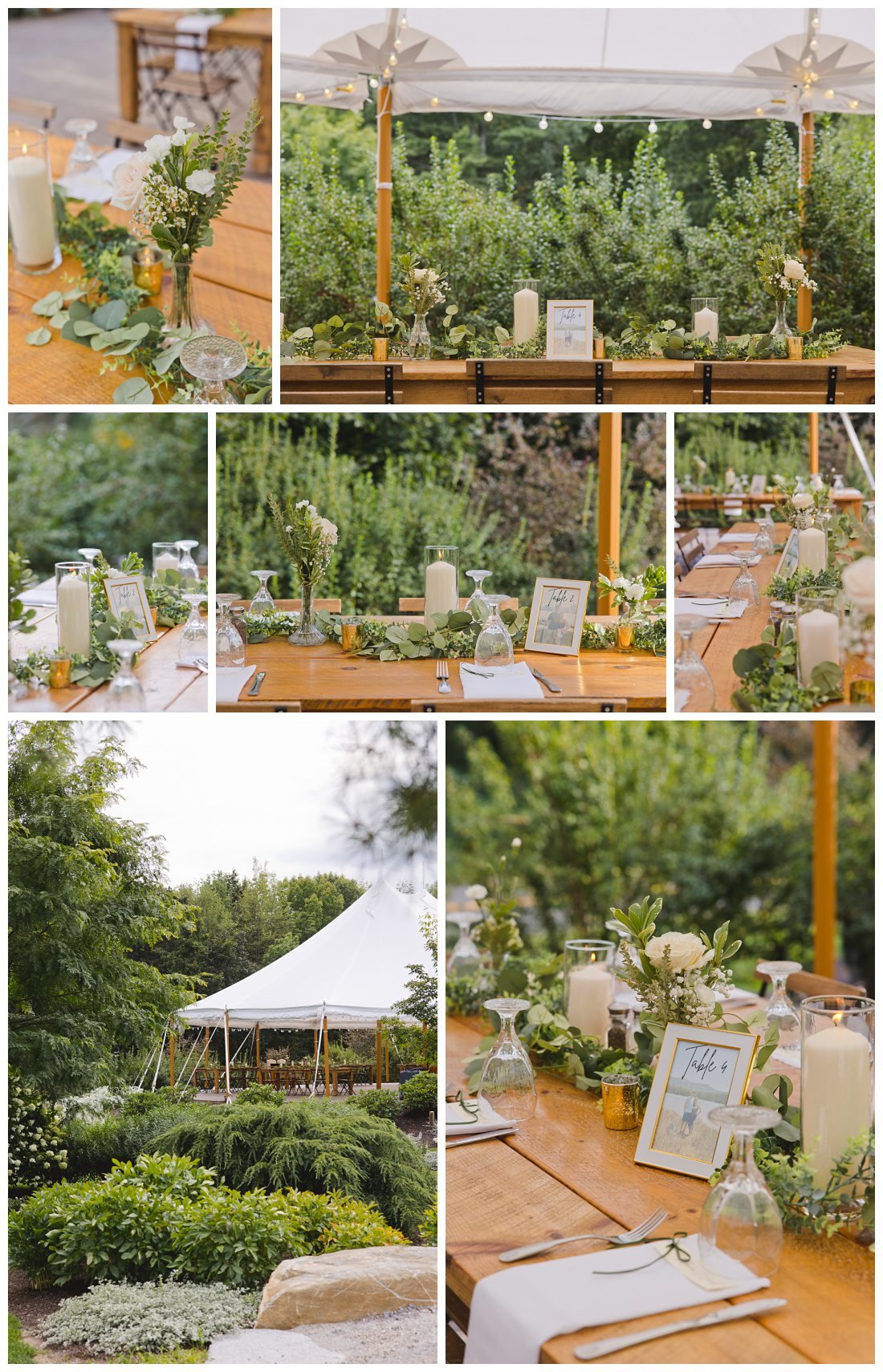 details of wedding under the tent at gardens at uncanoounc mountain, with greenery running down the long wooden tables, candles in hurricane glass and white and green bud vases