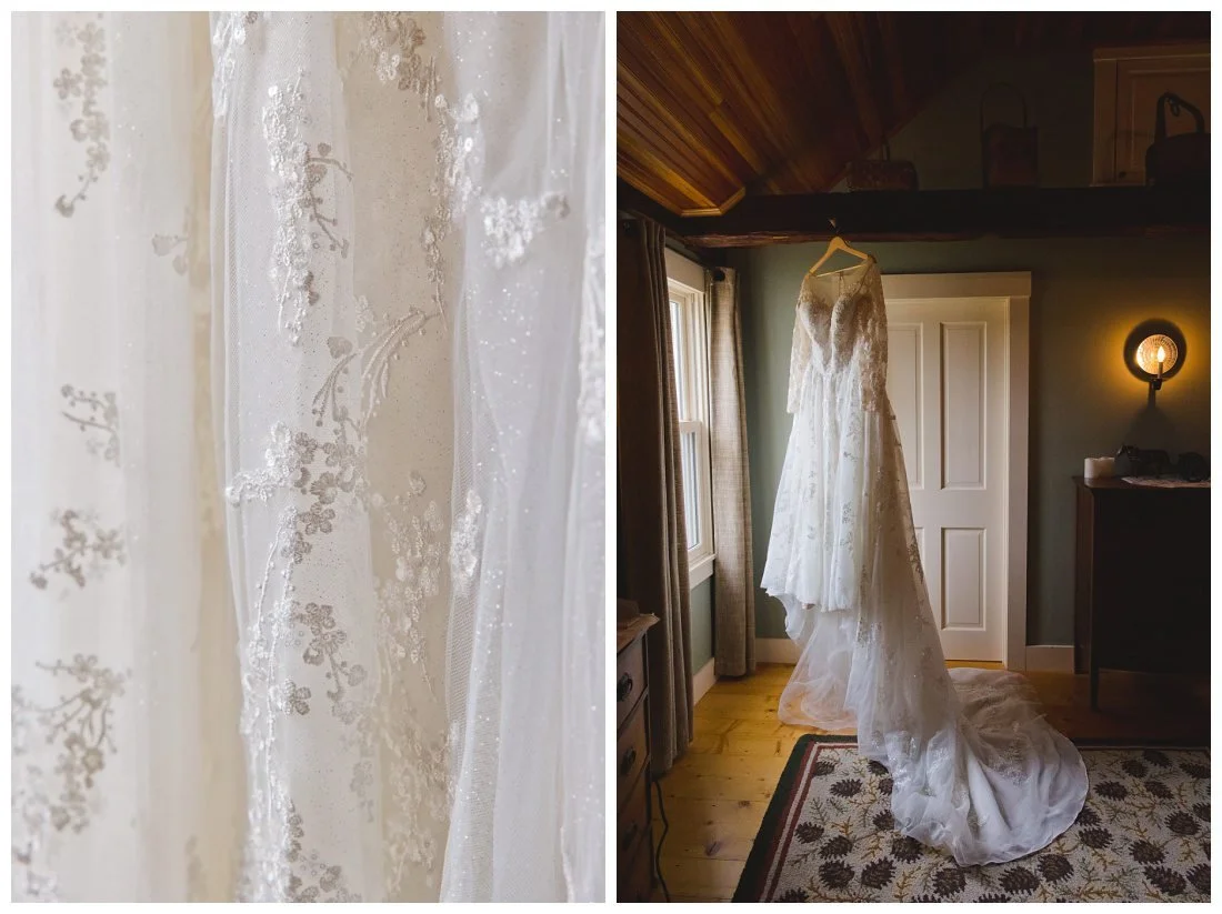 wedding dress hanging from beam in old farmhouse bedroom with window light