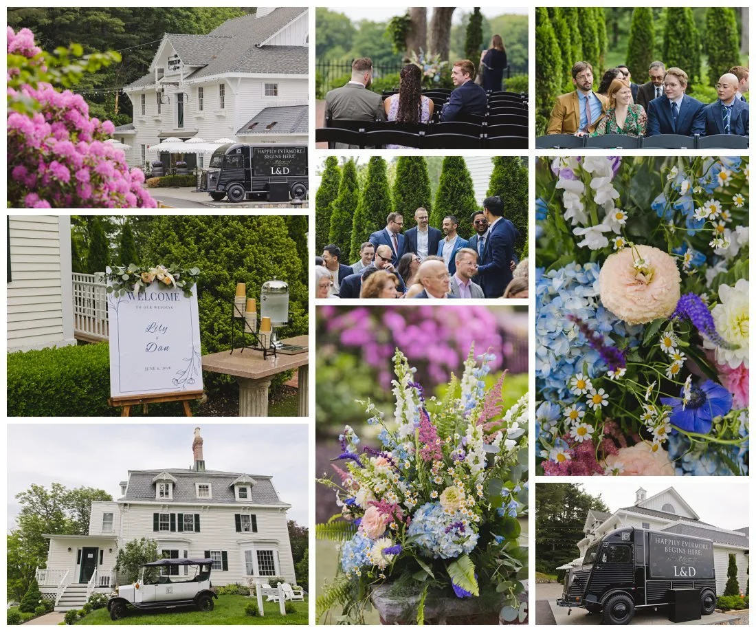 candid photos of guests mingling before wedding ceremony and floral details with purple and blue flowers