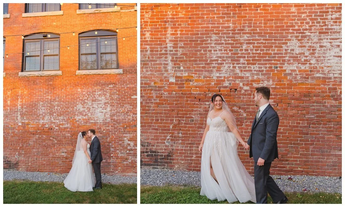 couple kiss and walk for wedding photos