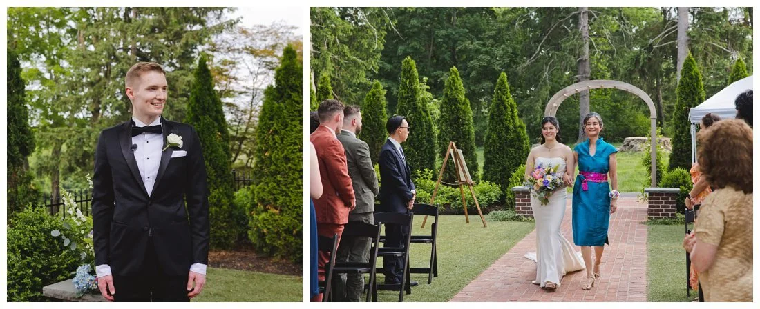 groom watches as his bride walks down the aisle towards him summer garden wedding