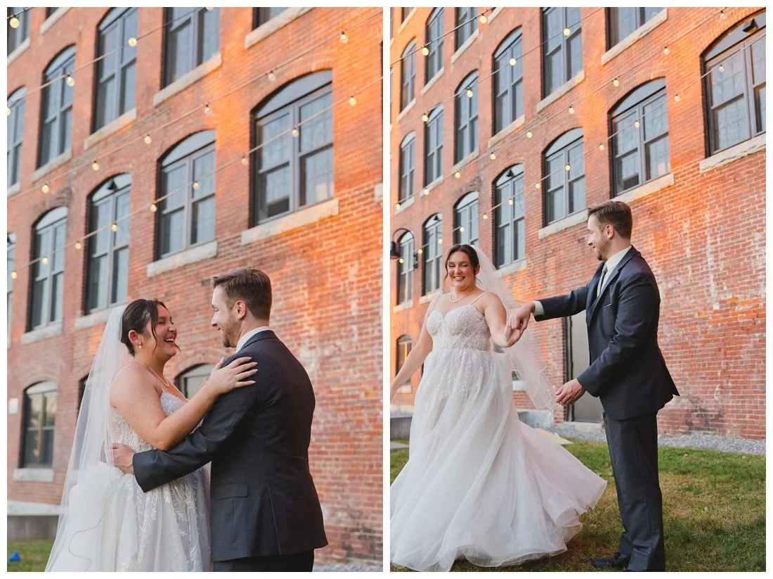 golden hour photos at the venues at the factory with the brick exterior, big windows and cafe lights behind the couple as they dance