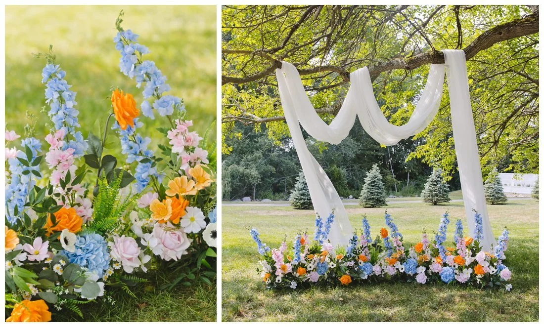 ceremony set up under the old oak tree at the westbrook inn with fabric draped over brach for backdrop