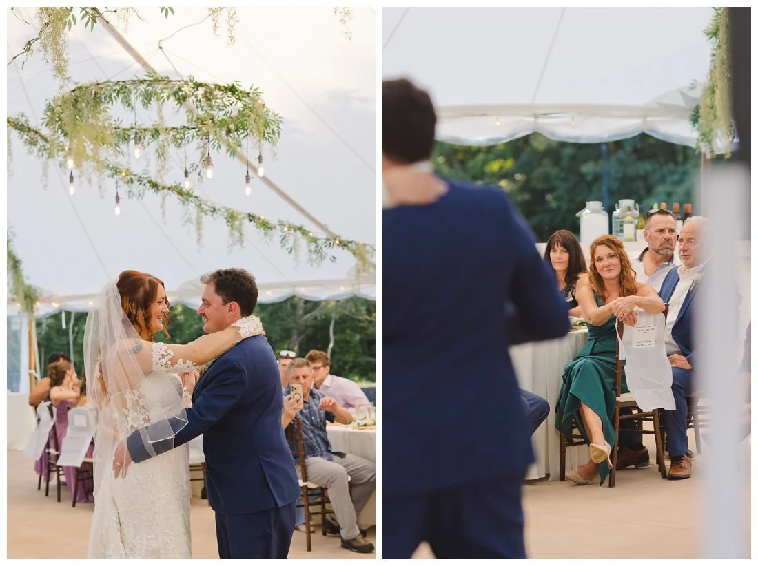 bride and groom first dance while mom looks on wistfully