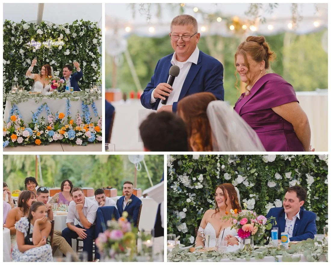 parents give wedding toast with guests getting emotional