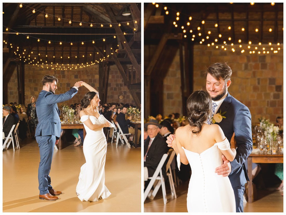 bride and groom do a twirl during first dance, cafe lights shinging behind them