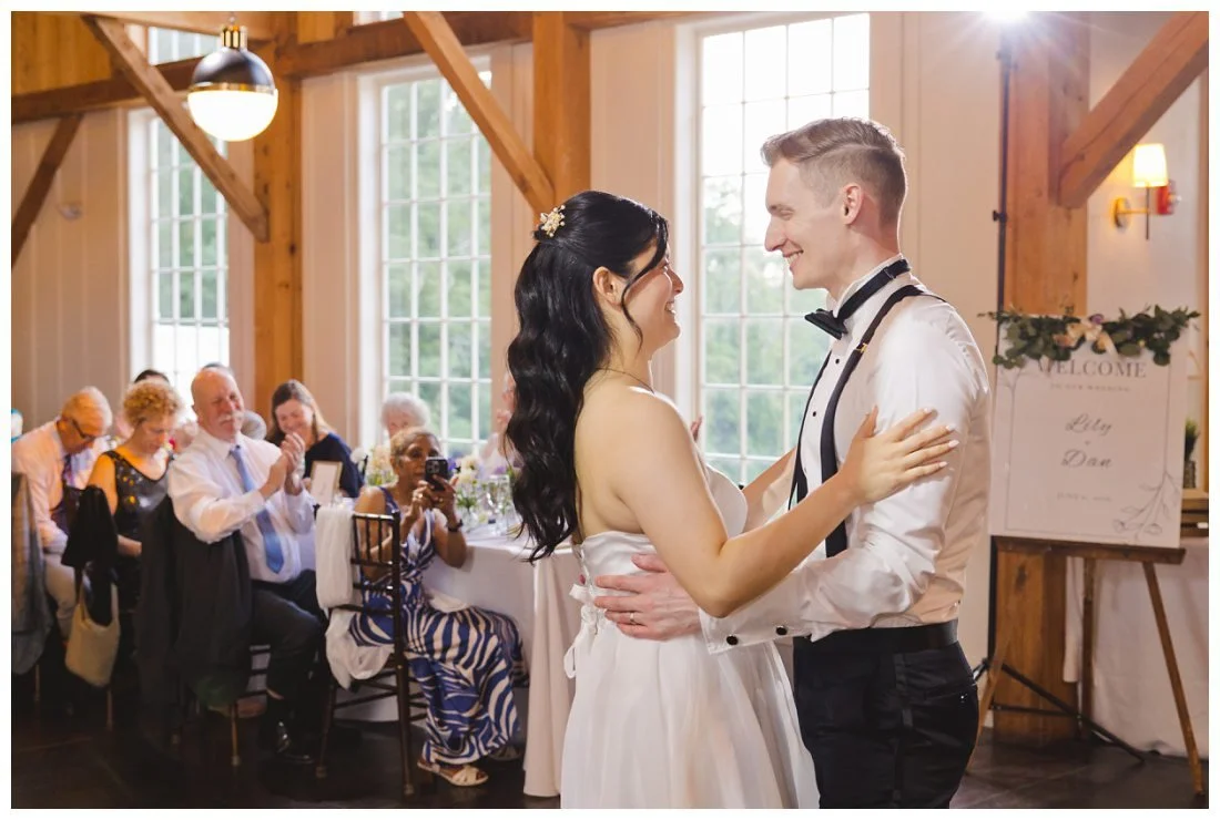 wedding first dance inside elegant upscale barn in topsfield massachusetts