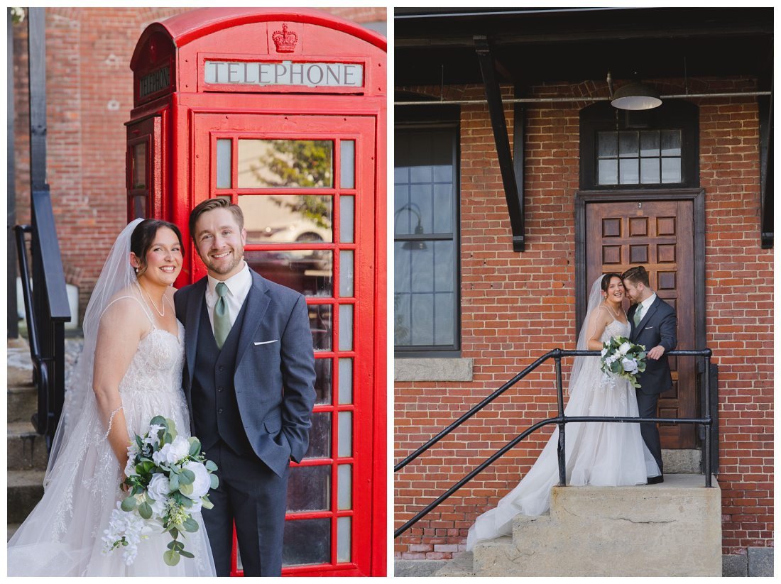 wedding photos at the venues at the factory outside with red phone booth and then bride and groom on stairs with wooden door behind them
