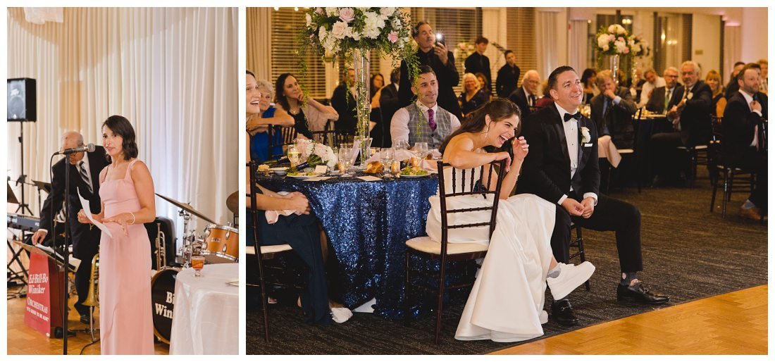 maid of honor gives funny toast and bride covers her face while laughing hysterically