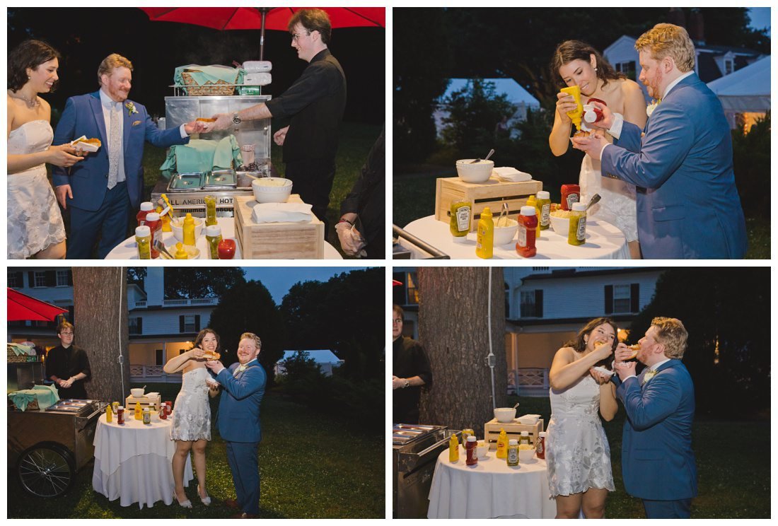 bride and groom take a break from dancing to get hot dogs from the hot dog cart at their wedding