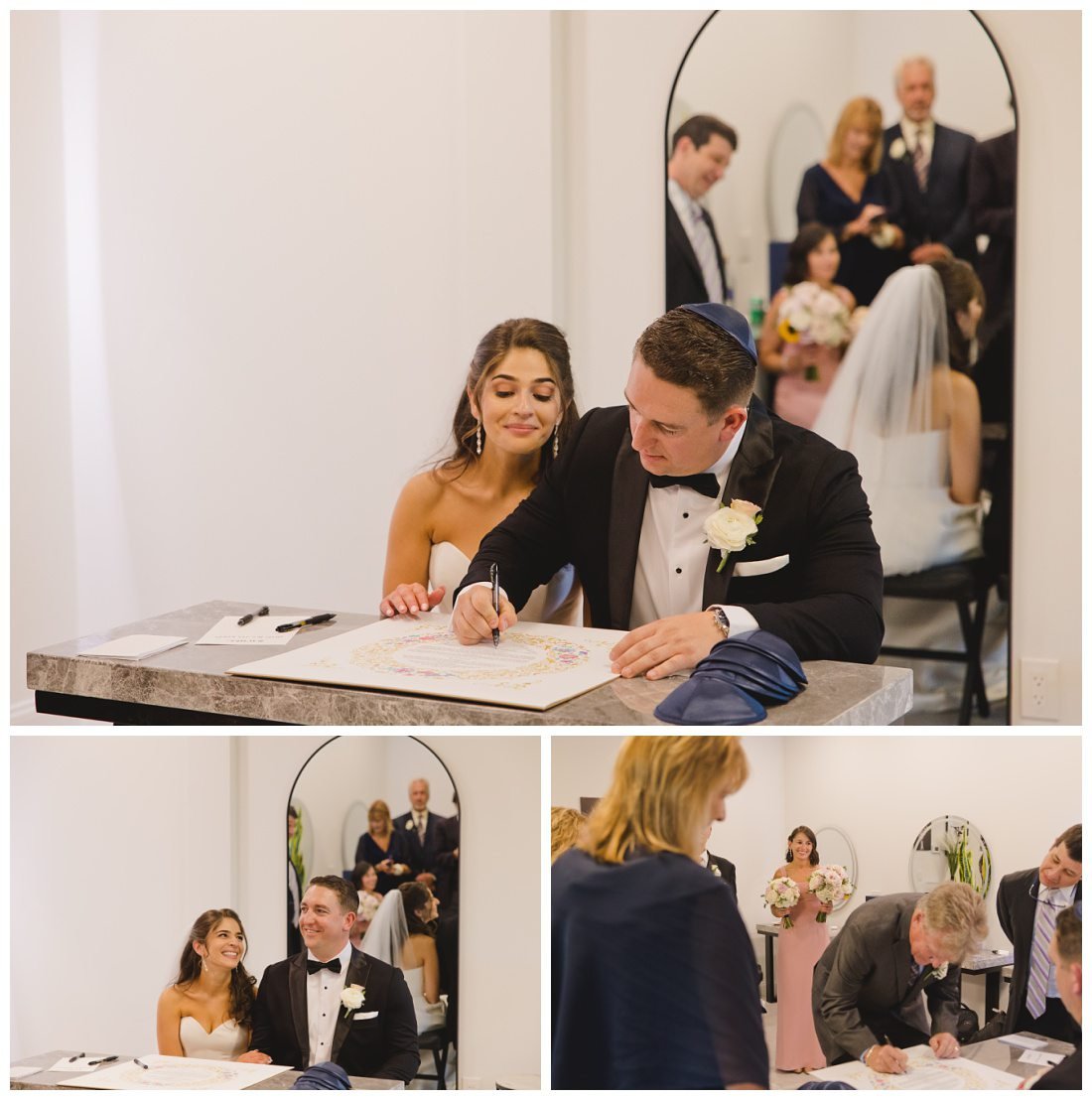 rachel looks over nick's shoulder as he signs the ketubah