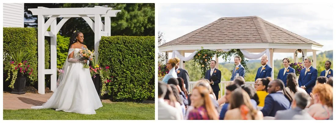 bride walks into wedding ceremony as everyone looks on