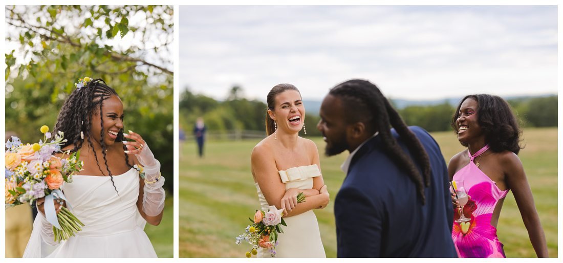guests and bride laughing during cocktail hour