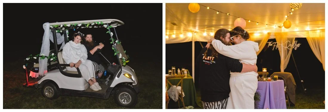 bride and groom in their comfortable reception outfits arriving on golf cart that's been decorated with flowers