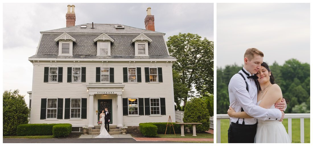 bride and groom outside of the grand estate house at the evermore