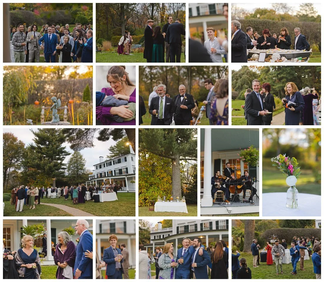 wedding cocktail hour photos, guests enjoying themselves, talking, dancing