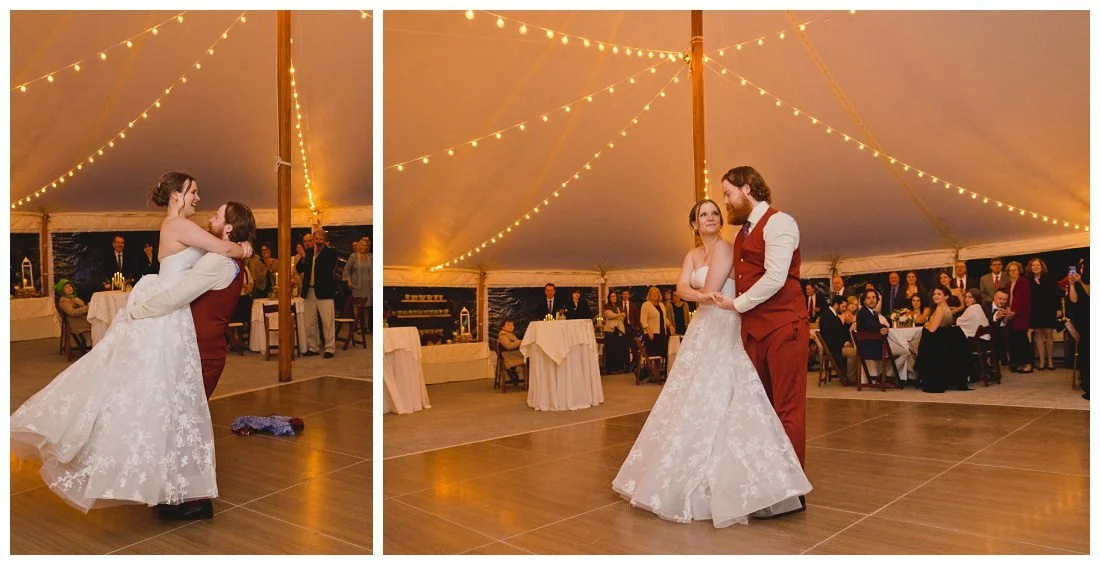 choreographed first dance at wedding under the tent with cafe lights above them