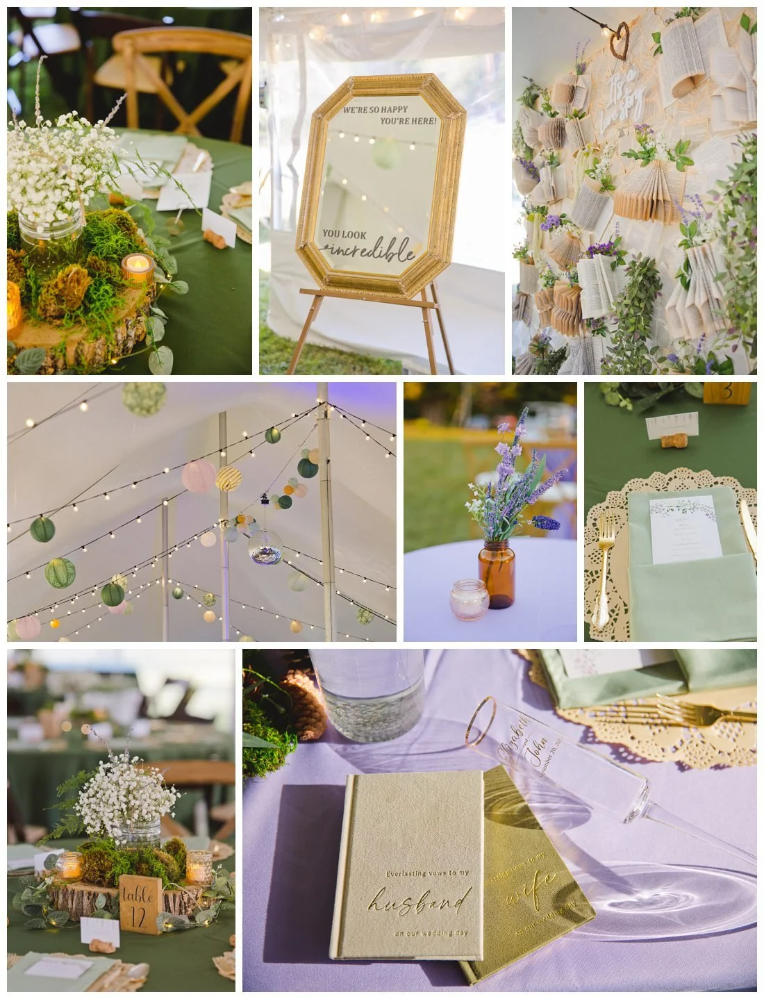 details of tent wedding, including photo backdrop that says "it's a love story" with books, cafe lights with lanterns draped across the ceiling, sage green table details, and rustic centerpieces with moss and wood slabs