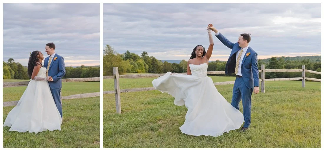 groom twirls bride at sunset in field