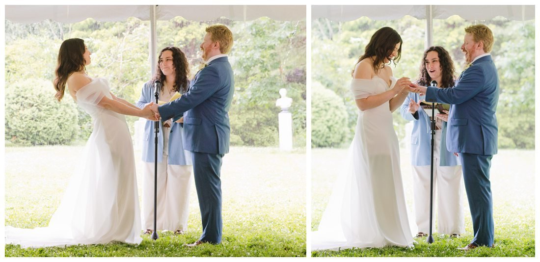 bride puts ring on groom's finger during wedding ceremony