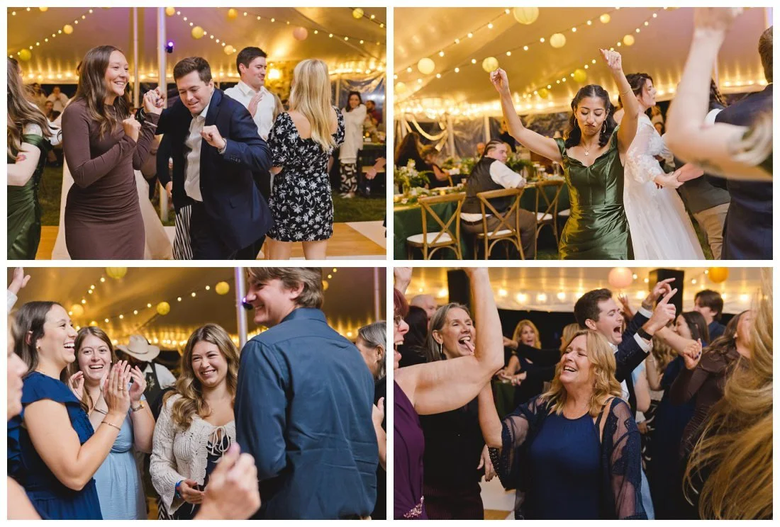 close up of guests dancing at wedding reception with cafe lights and lanterns above them