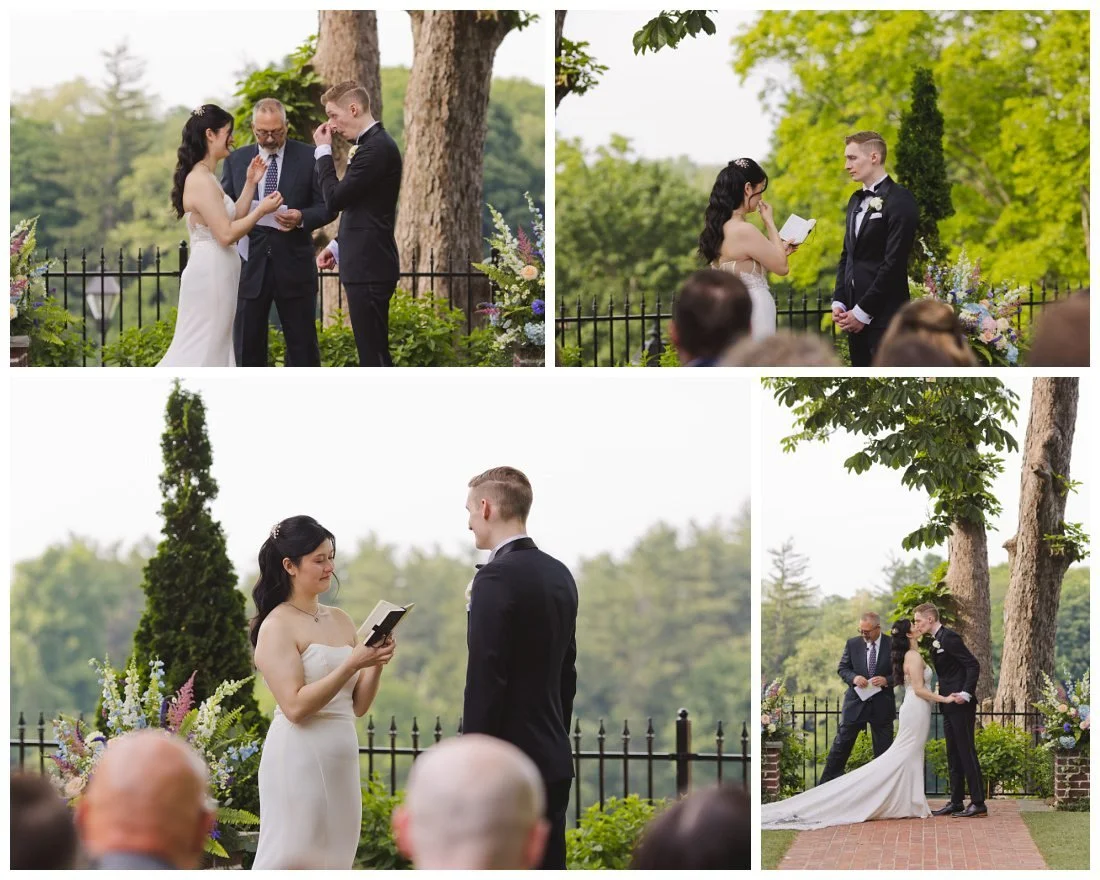 bride and groom both cry during personal wedding vows during ceremony