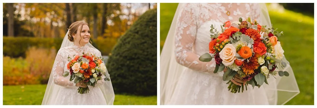 emma waits for first look at glen magna farms with beautiful orangle and cream colored floral bouquet