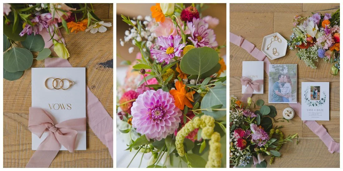 colorful pink and orange flowers with invitation suite and rings wedding flat lay