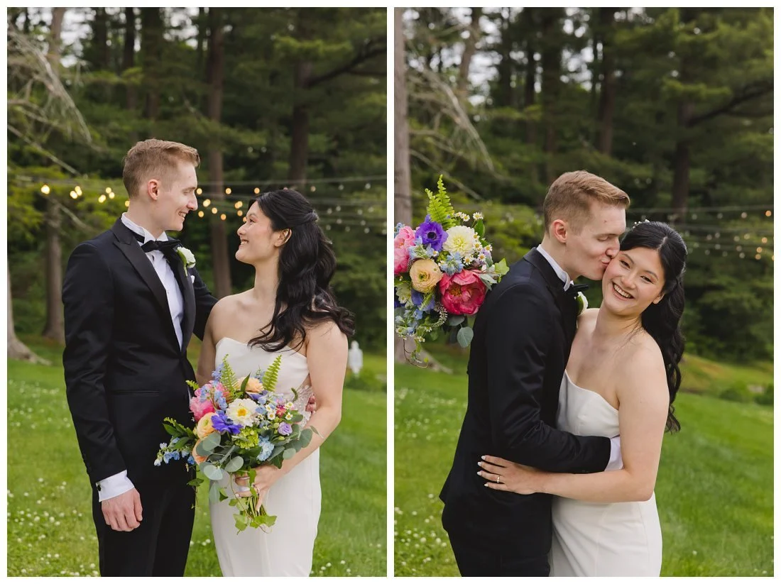 photos of bride and groom in front of evergreen trees and cafe lights