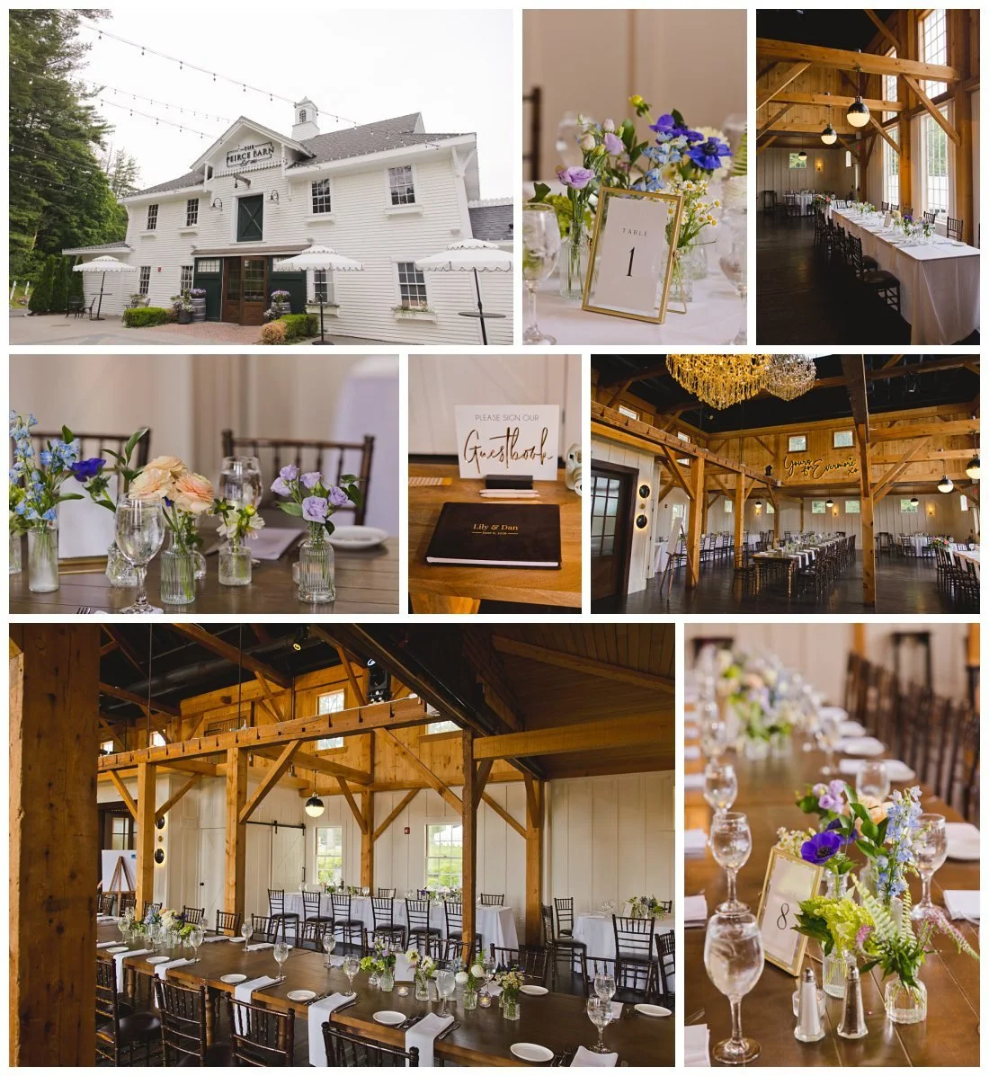peirce barn with wedding details set up small flower vases with wildflowers long tables
