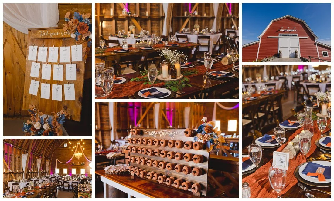 interior of jeffers hill farm set up for wedding reception, including candles and flowers on long rustic wooden tables on fabric table runners, donut bar, setaing chart on wood board