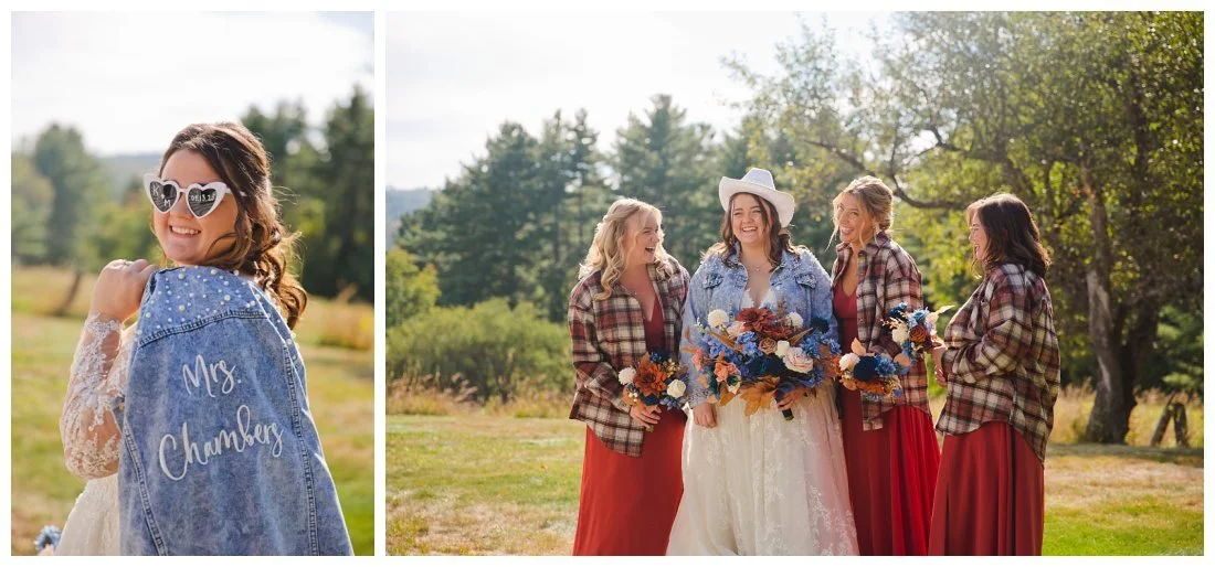 bride in hear sunglasses with wedding date on them, and jean jacket with her new last name