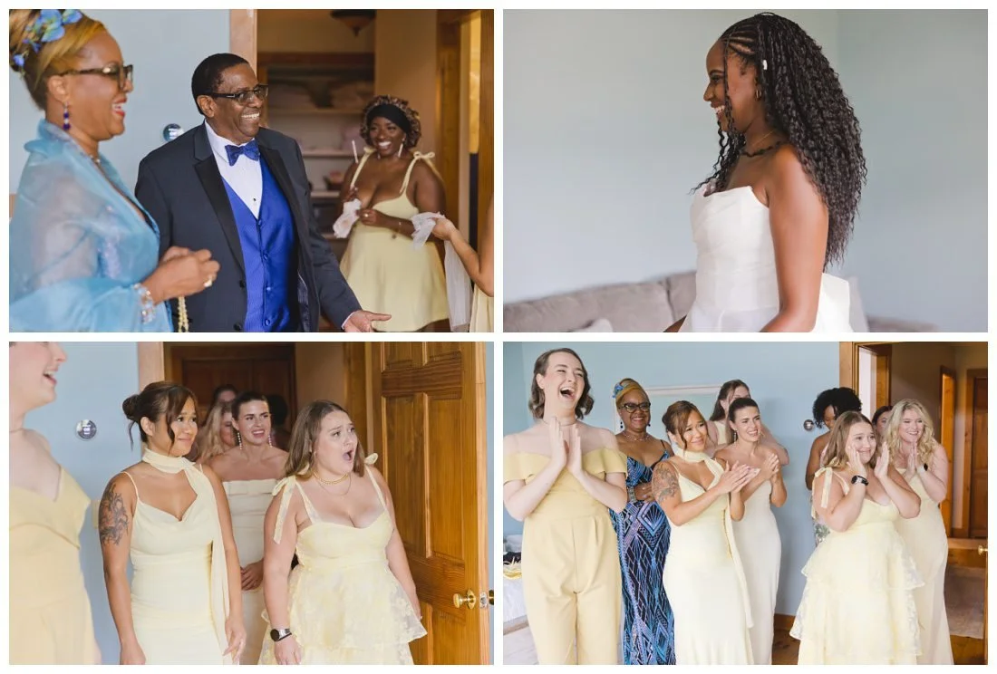 reactions of bride's parents and bridesmaids after she is ready to go, lots of clapping and smiles
