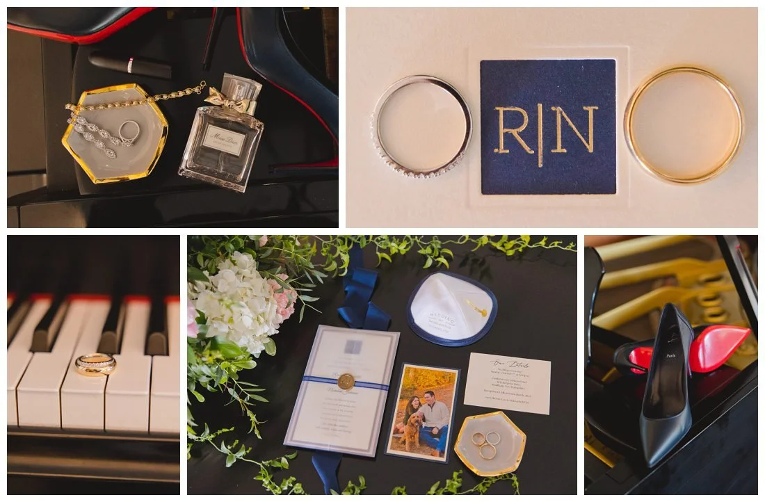 wedding details rings, jewelry perfumel, invites, etc on top of black grand piano