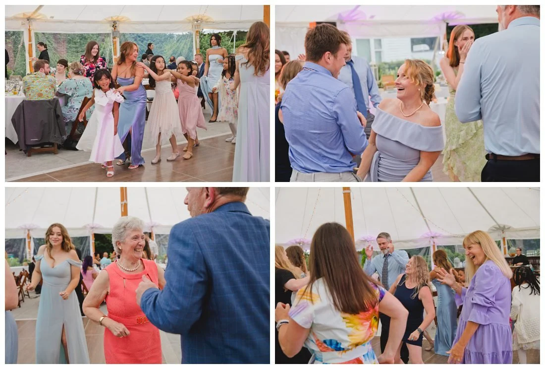 guests dance during spring wedding under the tent
