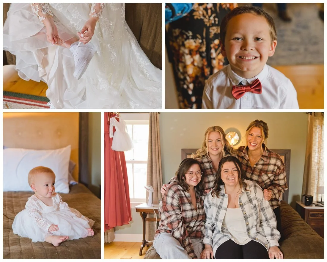 bride and bridesmaids before wedding in plaid flannel