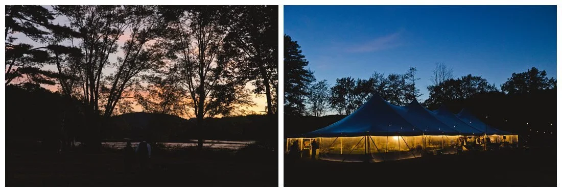 sunset photos of tent all lit up and the lake and mountains behind it