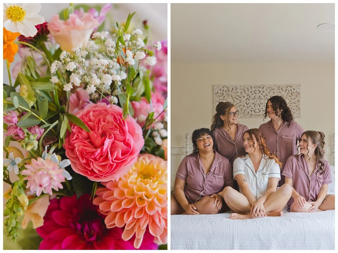 bride and her bridesmaids in cute shortsleeve pajamas  before getting dressed for ceremony