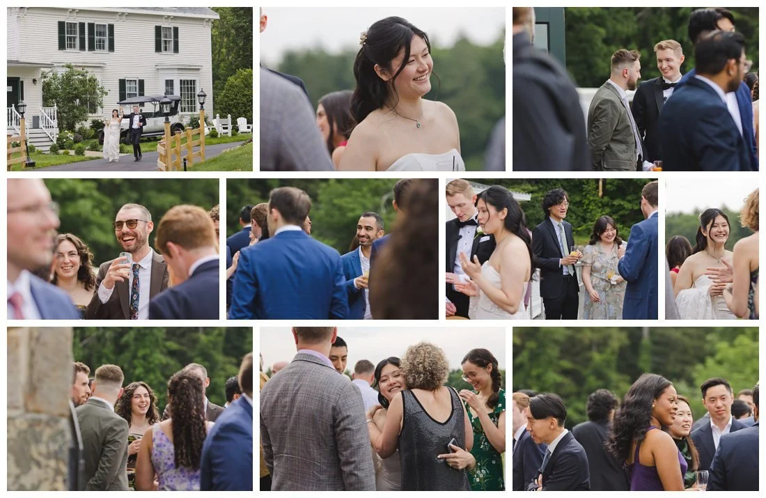 cocktail hour on the deck of the evermore at peirce barn, candid photos of guests talking and laughing