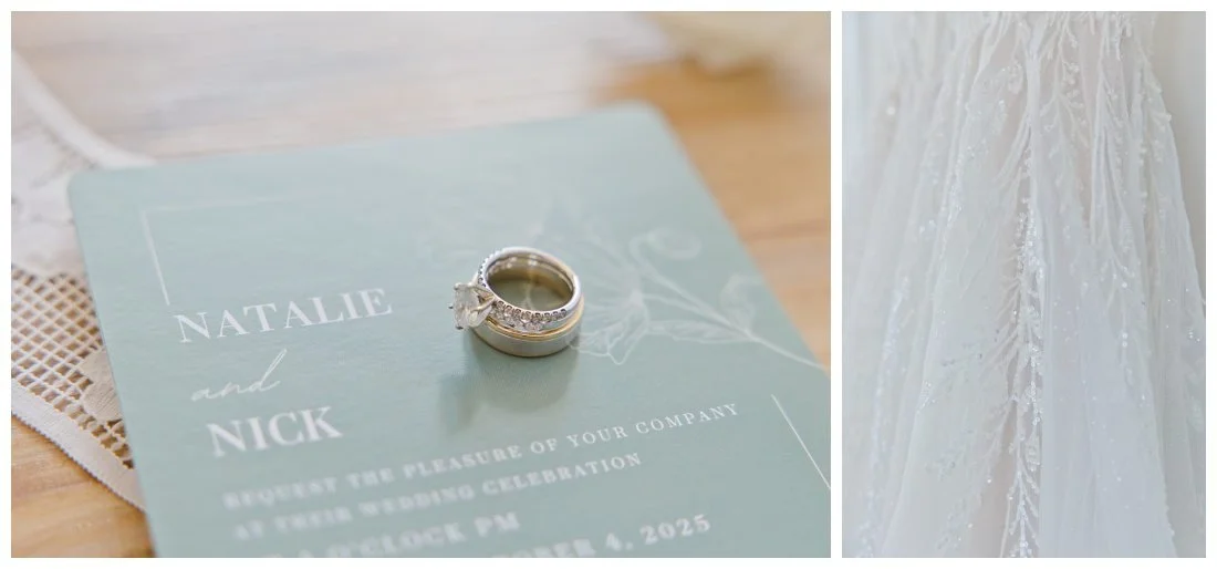 close up of wedding rings on top of wedding invite