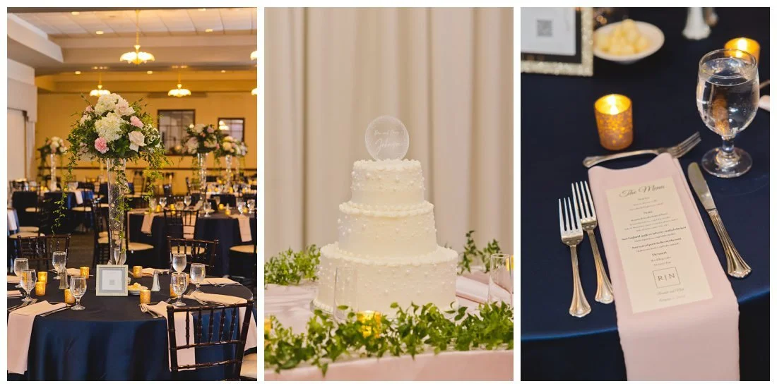 castleton wedding reception set up with tall flower vases, three tiered cake, purple and gold details on navy blue background